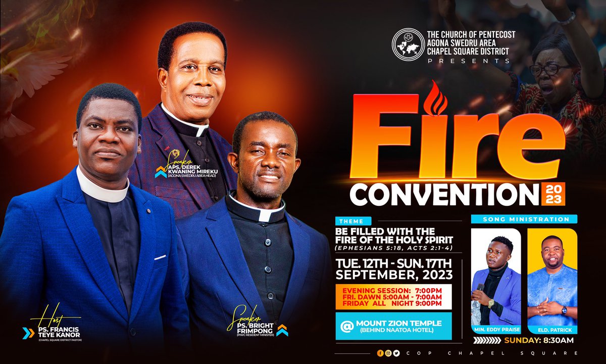 COP_MT_ZION's tweet photo. God speaks through a variety of means. In the present God primarily speaks by the Holy Spirit, through the Bible, prayer, circumstances, and the church
7๏ธโฃ Days more to #FC23
#AgonaSwedru
#ChapelSquare
#DistrictWeek3
#fireconvention23 || #MaximumImpact | #PossessingTheNations https://t.co/iZ0uVyUTRz