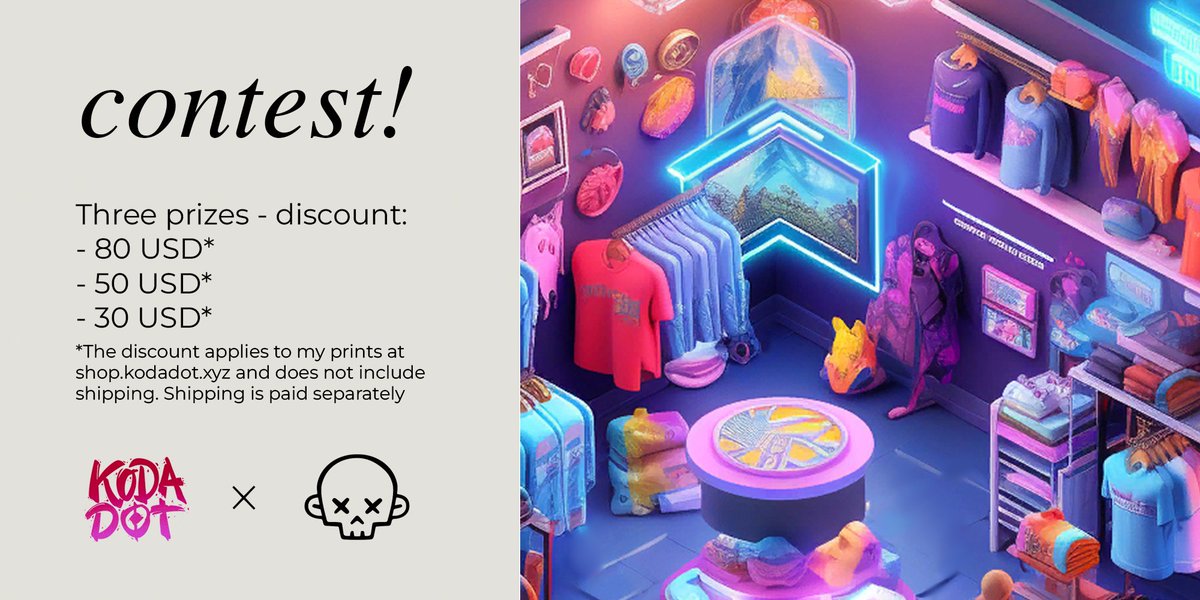 Repost contest! To participate you need to subscribe to 
<a href="/KodaDot/">Koda.art</a> and me and make a repost of this post!

Results will be announced on September 11. Three winners will receive $80, $50, and $30 off at shop.kodadot.xyz on merchandise featuring my artwork!