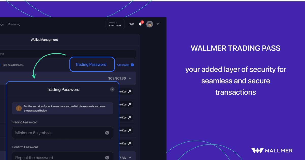 WallmerCom's tweet photo. 🔐 Enhance Your Security: 
Introducing Wallmer's Trading Password! Safeguard your trades and funds like never before. Activate yours today for an added layer of protection. 💪
🛡️https://t.co/Pv5RDKb3GH

#Wallmer #SecurityUpgrade #Crypto https://t.co/Oy80pOdbMA