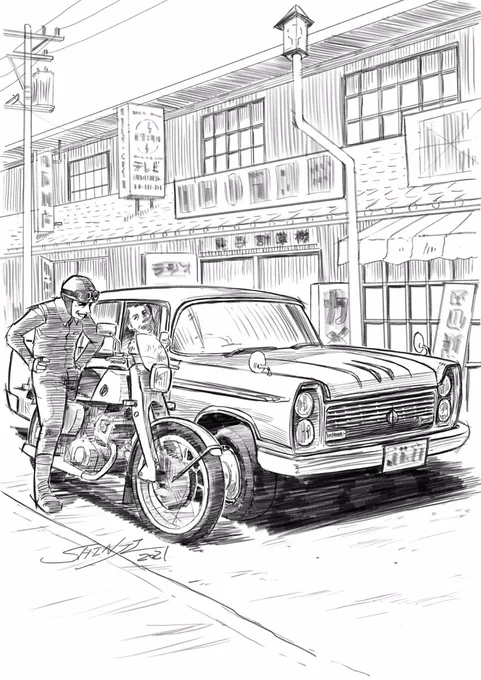 2年前に旧車イベント用に描いたポスターイラストラフに描いて欲しいとの依頼だったのでこんな感じになりました。地元の旧商店街を参考にしました#イラスト #旧車 