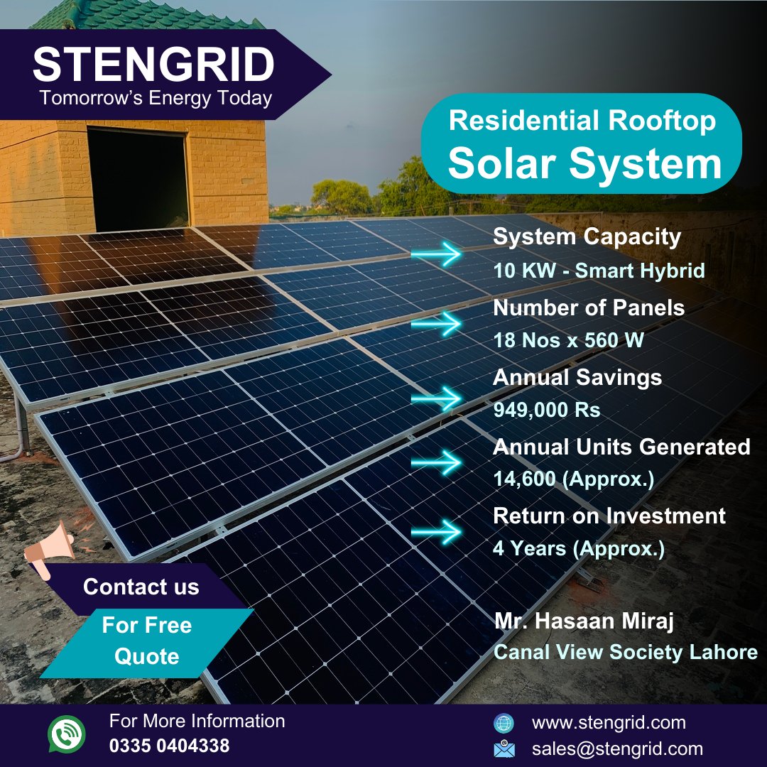 StenGrid's tweet photo. 10kW Smart Hybrid Solar System Installed at Canal View Lahore

𝐃𝐞𝐭𝐚𝐢𝐥𝐞𝐝 𝐒𝐩𝐞𝐜𝐢𝐟𝐢𝐜𝐚𝐭𝐢𝐨𝐧:
✅𝗜𝗻𝘃𝗲𝗿𝘁𝗲𝗿: Nitrox 8kW premium Inverter
✅𝗣𝗮𝗻𝗲𝗹𝘀: 18 Panels Longi
✅Net Metering: As per LESCO standards installation only in 10 days. https://t.co/efYKF2UyhB