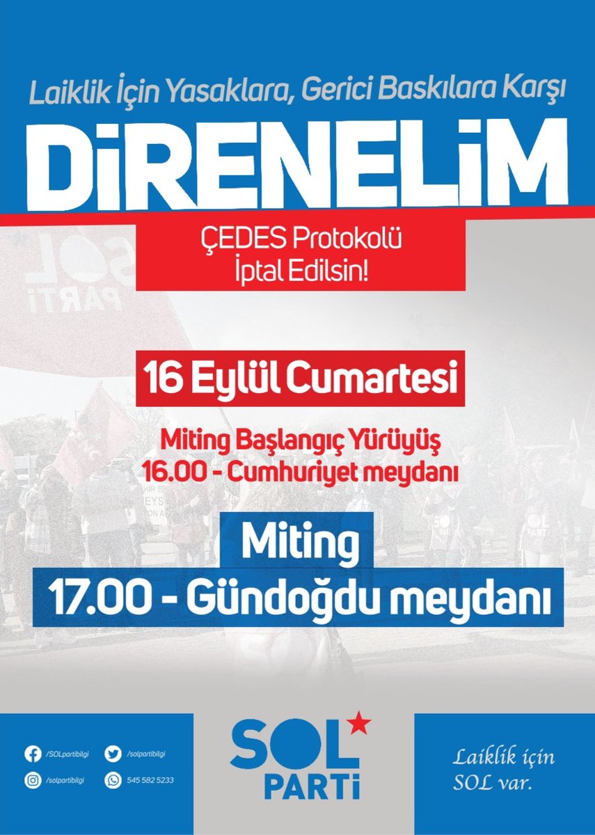 16 Eylül'de Mitingteyiz.
Başta ÇEDES projesi olmak üzere, eğitimdeki gerici uygulamalara karşı birlikte yürüyelim.
Laiklik için özgürlüğümüz  için Cumhuriyet Meydanında buluşalım.