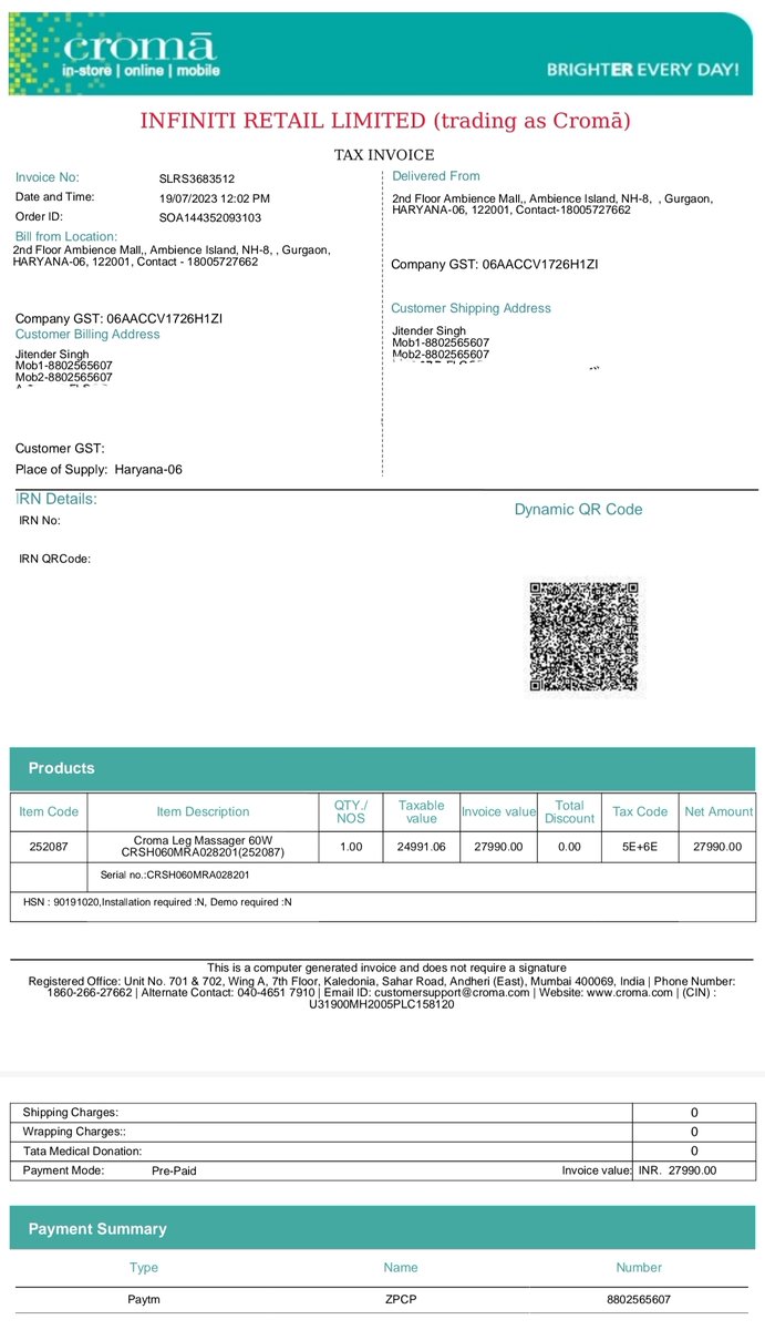drsurendradu's tweet photo. @cromaretail @IndianExpress @anamikasingh358 @nytimes @amazonIN Till now no response from @cromaretail . Yesterday, it was mentioned by Croma support that needful would be done. Waiting.  Replacement/repair/refund is right of a customer  @RNTata2000 @nytimes @anandmahindra @CimGOI https://t.co/tpnhzpRSJn