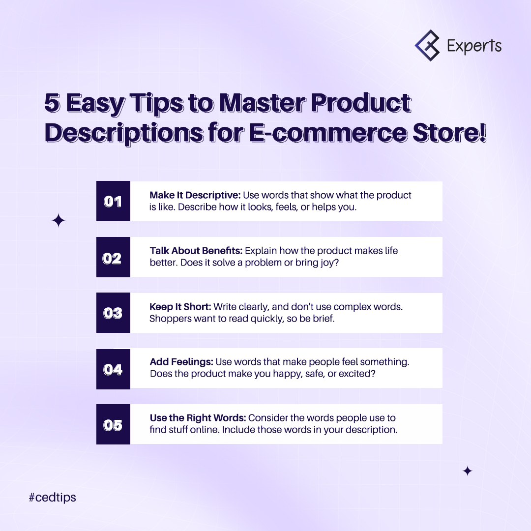 CedExperts's tweet photo. Your e-commerce stores' product descriptions serve as the virtual salesmen. Compelling product descriptions convey the product details, USPs, benefits, and emotions, fostering customer connection.
#cedexperts #cedtips #shopify #ecommerce https://t.co/gDYi6f5weG