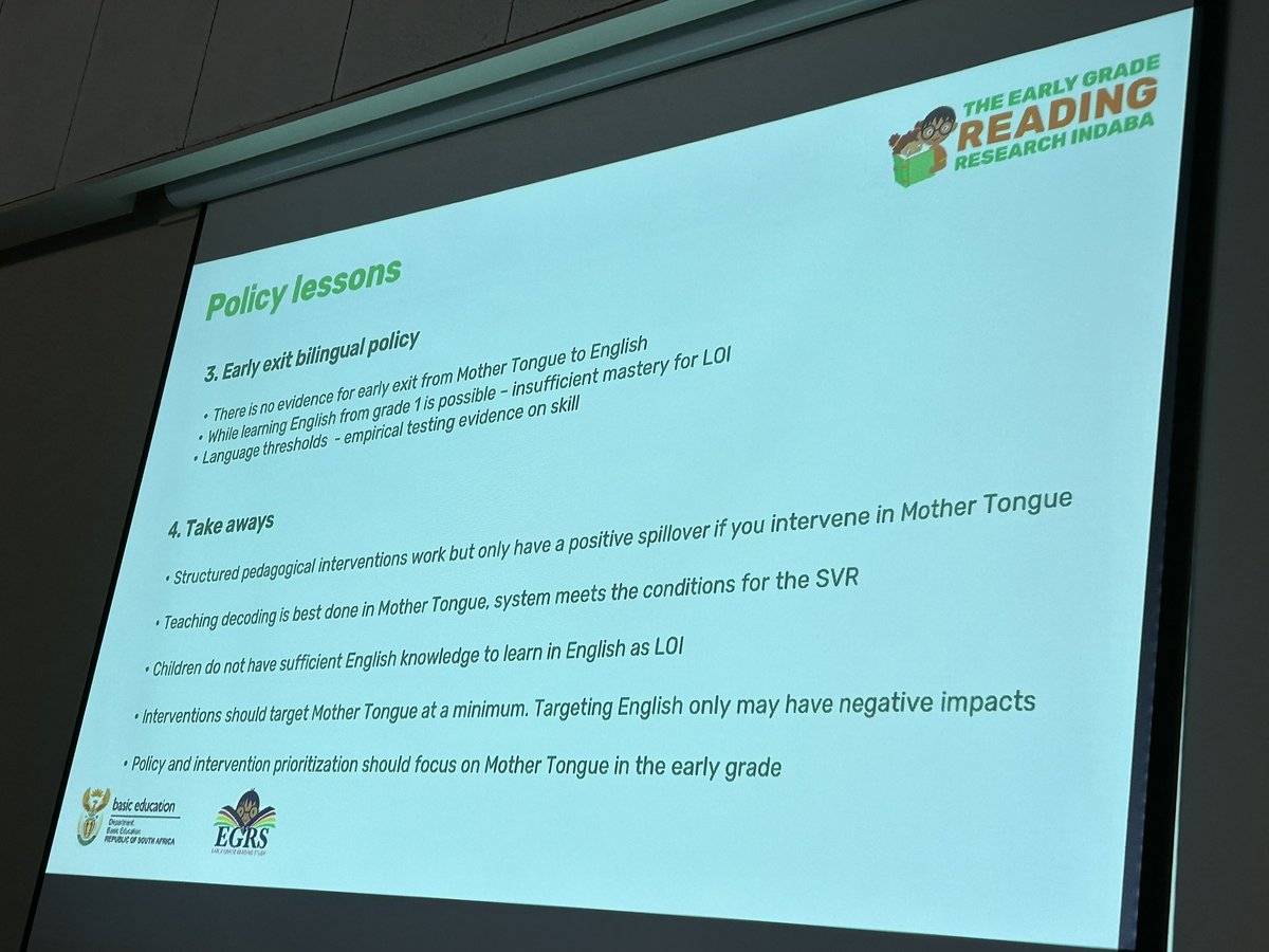 Nic Spaull (@nicspaull) on Twitter photo Mpumi Moholwane <a href="/Mpumi_NLM/">Mpumi Mohohlwane</a> presenting on language transfer using EGRS 1, targeting home language (HL) and EGRS 2, targeting English.
Take home? When targeting home language it improved BOTH HL and English. When targeting English it ONLY improved English, and possibly hurt HL Mpumi Moholwane <a href="/Mpumi_NLM/">Mpumi Mohohlwane</a> presenting on language transfer using EGRS 1, targeting home language (HL) and EGRS 2, targeting English.
Take home? When targeting home language it improved BOTH HL and English. When targeting English it ONLY improved English, and possibly hurt HL