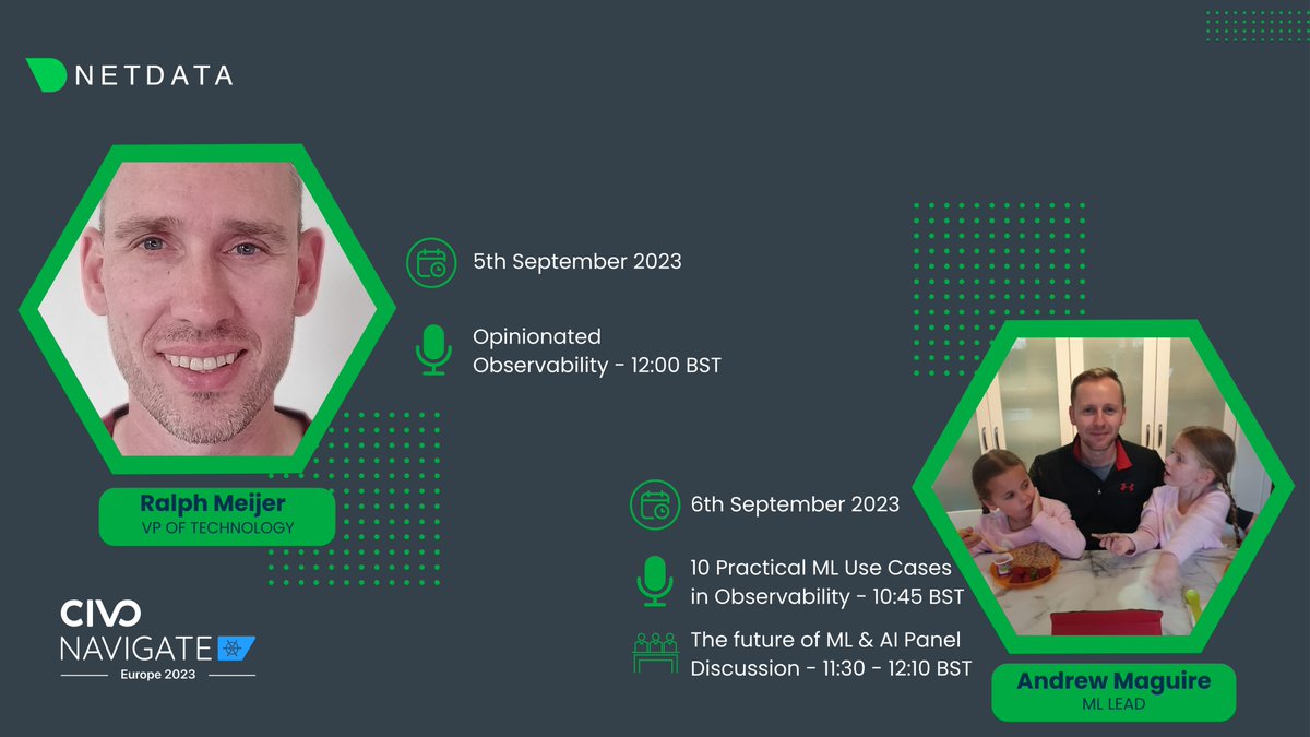 netdatahq's tweet photo. Exciting News: #Netdata Takes the Stage at @CivoCloud!

Join us for a fantastic lineup of presentations by two of our team members. First up, we have @ralphm, our VP of Technology, who will be sharing insights on "Opinionated Observability." And don't miss out on @andrewm4894, our ML Lead, as he delves into "10 Practical ML Use Cases in Observability."

Andy will also be a panelist discussing "The Future of ML & AI" from 11:30 to 12:10 BST.

Make sure to swing by the @linuxnetdata booth – you can't miss it! It's right at the entrance when you step into the event space. Let's engage in meaningful discussions about the world of monitoring! See you there!

#CivoNavigate #NetdataConference #observability