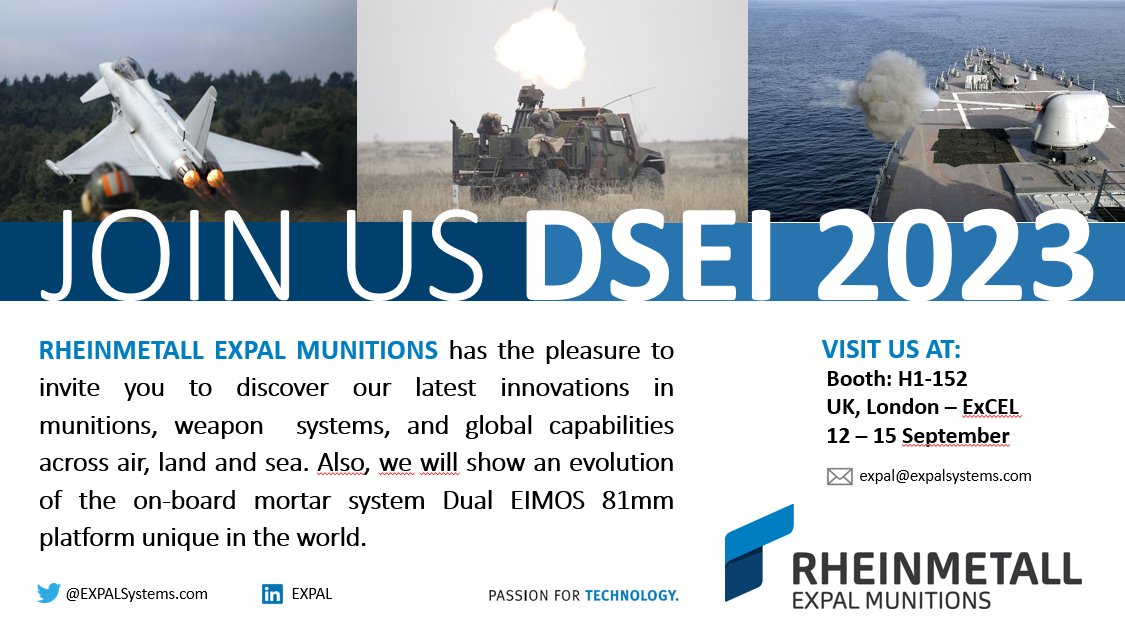 One week to go until DSEI 2023!

You can see an evolution of the on-board mortar system Dual EIMOS 81mm platform unique in the world.

Visit us on stand H1-152, HALL 1, from 12-15 September, at the Excel Centre for DSEI 2023.

#RheinmetallatDSEI #RheinmetallatDSEI2023