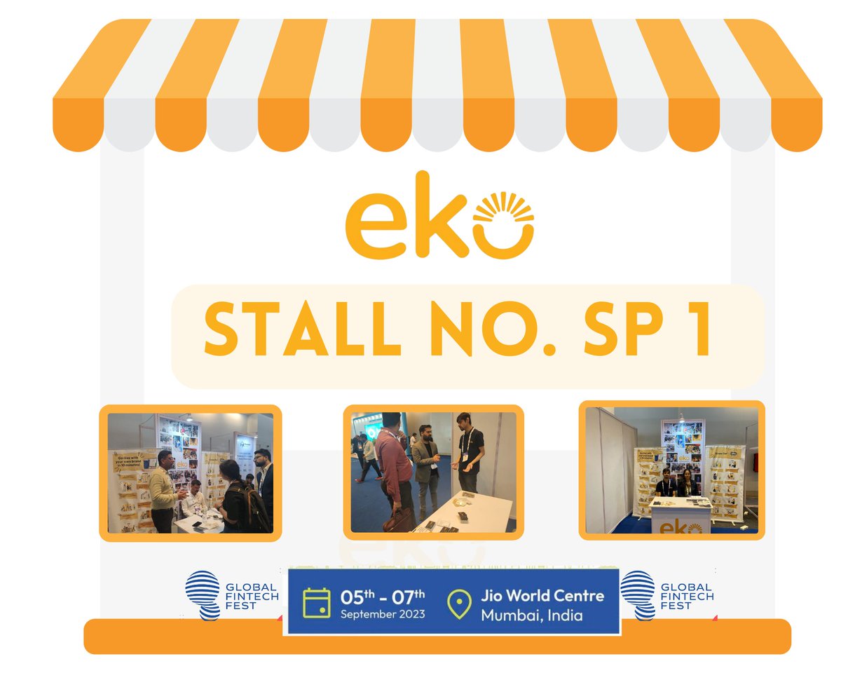 Team @Eko  is in Mumbai, visit us during Global Fintech Fest, Jio World Center, Mumbai.

#ekoEvent #TeamEko #microentrepreneurs #ekostall #StallSP1 #globalfintechfest2023 #financialinclusion #digitalfinance #gff #eko