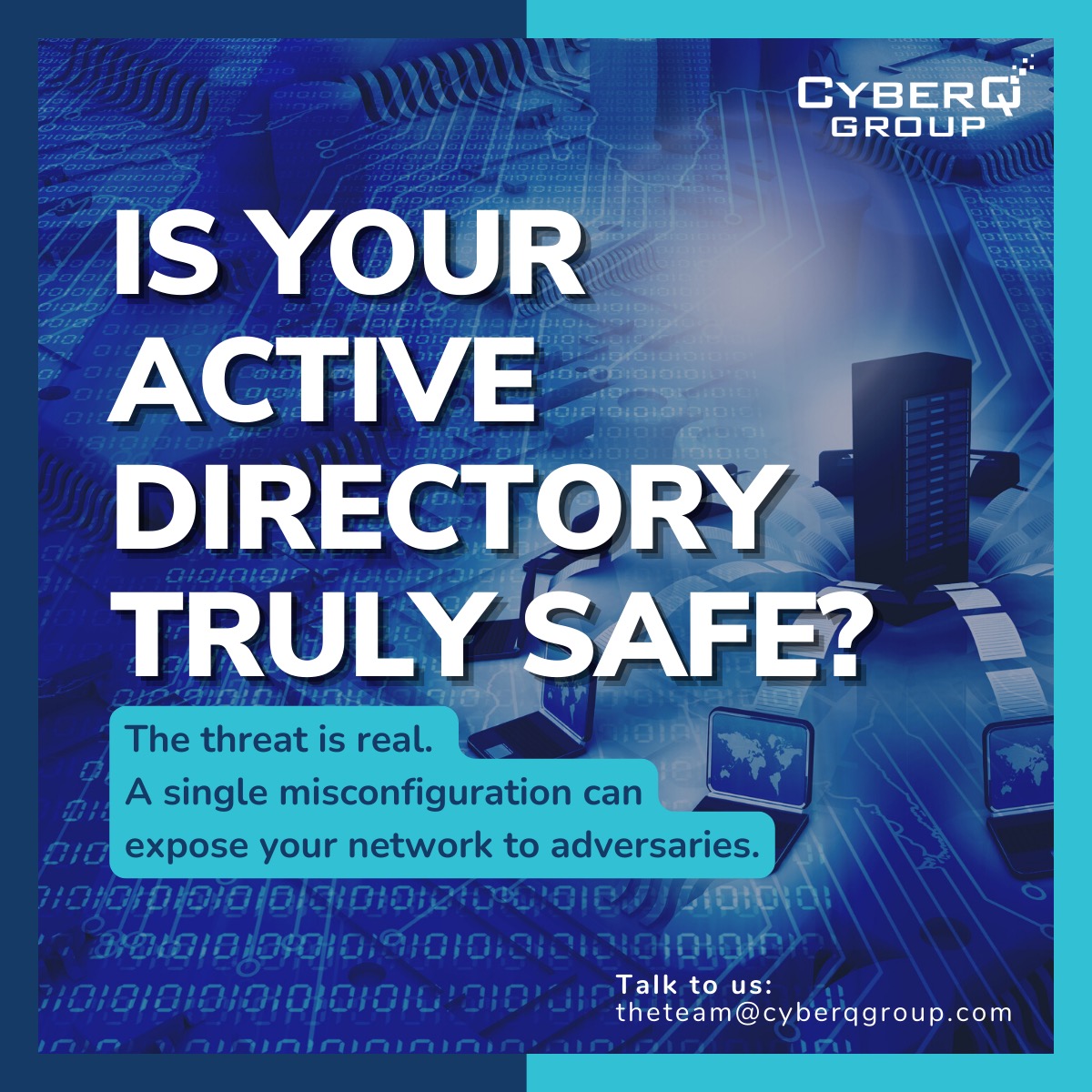 CyberQ_Group's tweet photo. 🔒 Fortify Your Active Directory with @CyberQ_Group 🔒

🚨 A single misconfiguration in your Active Directory could be a welcome sign for hackers.

✨ Why Choose @CyberQ_Group's Active Directory Security Assessment?

- Comprehensive vulnerability identification
- Tailored insights for your organisation

🛡 Key Benefits:
- Actionable plans for vulnerabilities
- Enhanced defences against identity and credential threats

🔗 Secure your infrastructure now.

Schedule your Active Directory Security Assessment with us 👇. 

 theteam@cyberqgroup.com

@CyberQ_Group - We Make Your Business Cyber Resilient
#ActiveDirectory #CyberSecurity #Assessment