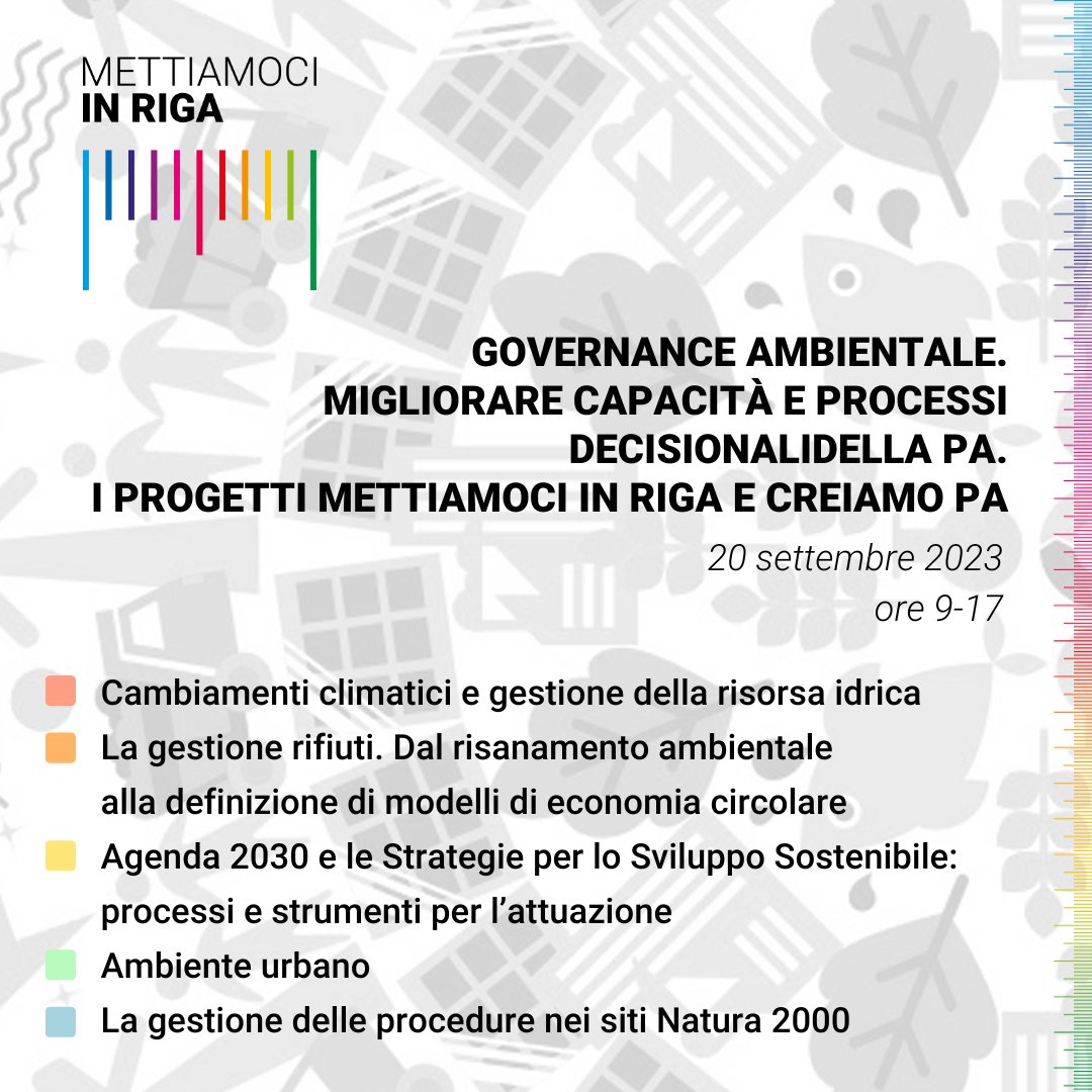 Mercoledì 20 settembre, dalle ore 9 alle ore 17, si terrà il Convegno “Governance ambientale. Migliorare capacità e processi decisionali della PA. I Progetti Mettiamoci in RIGA e CReIAMO PA” presso la Sala Auditorium Ministero dell’Ambiente e della Sicurezza Energetica di Roma.