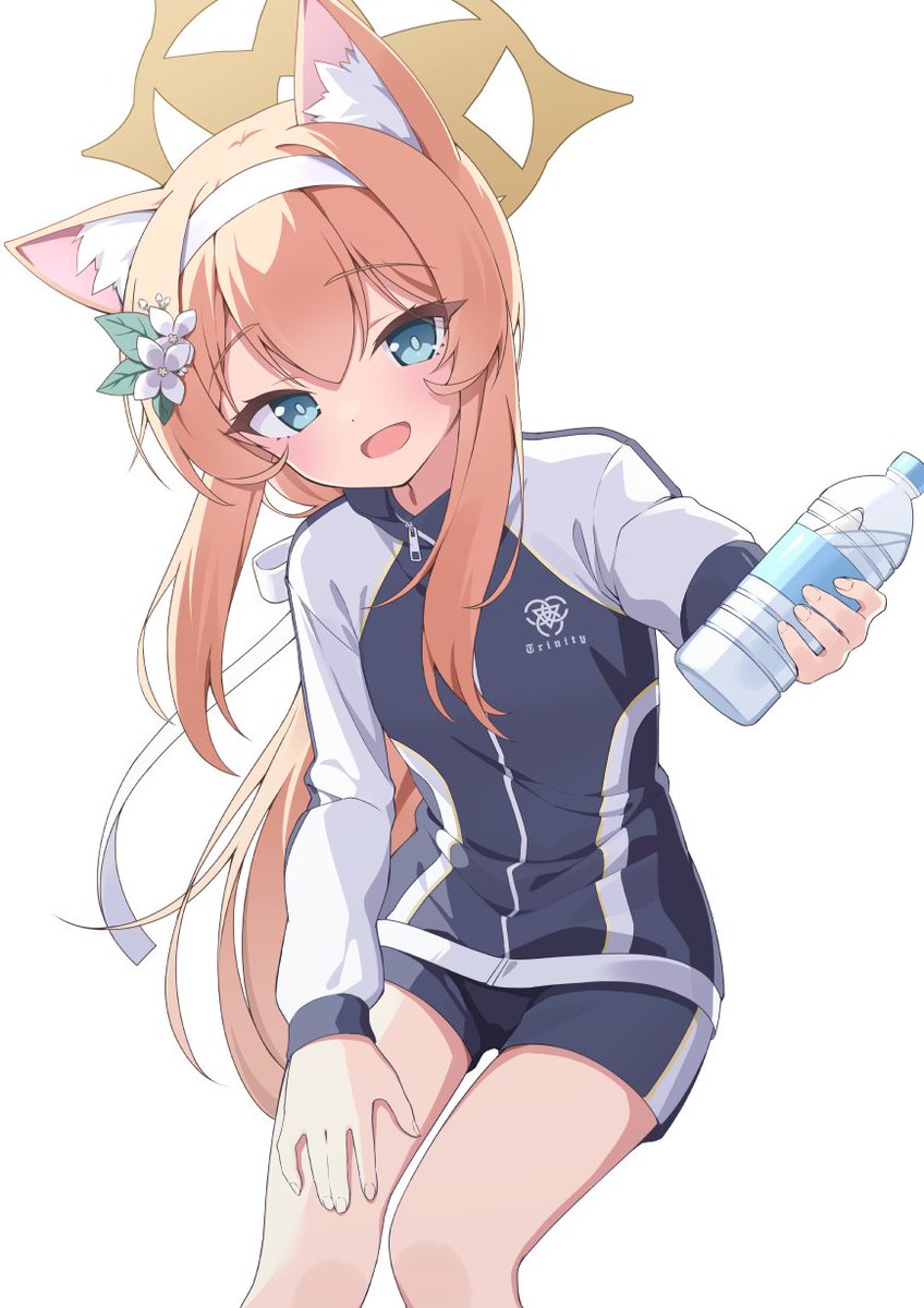 mari (blue archive) 1girl halo animal ears official alternate costume solo water bottle shorts  illustration images