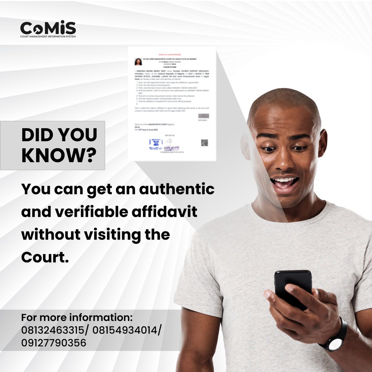 comis_cinfores's tweet photo. With CoMiS you can depose to an affidavit from any location
#rivcomis #lagoscomis #lagosstatejudiciary #riversstatejudiciary #Lagos #Lagoslawyers #Judiciary #legalsystem #courts #NBA #Nigerianlawyers #Africa #Cinfores #Comis https://t.co/f2Ys1QODMv