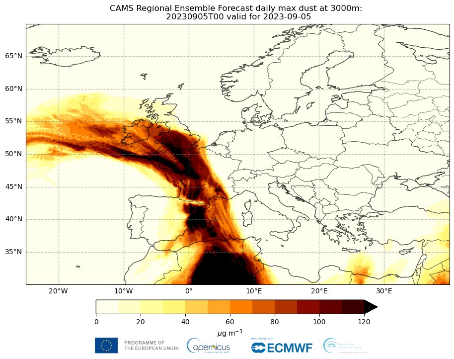 #SaharanDust across W Europe on 5 Sept with #CopernicusAtmosphere regional ensemble forecast daily max dust concentration at 0m↙️ &amp; 3000m↘️ showing some surface values for Spain/France but long-range transport at higher altitude. Data available from ads.atmosphere.copernicus.eu/cdsapp#!/datas…
