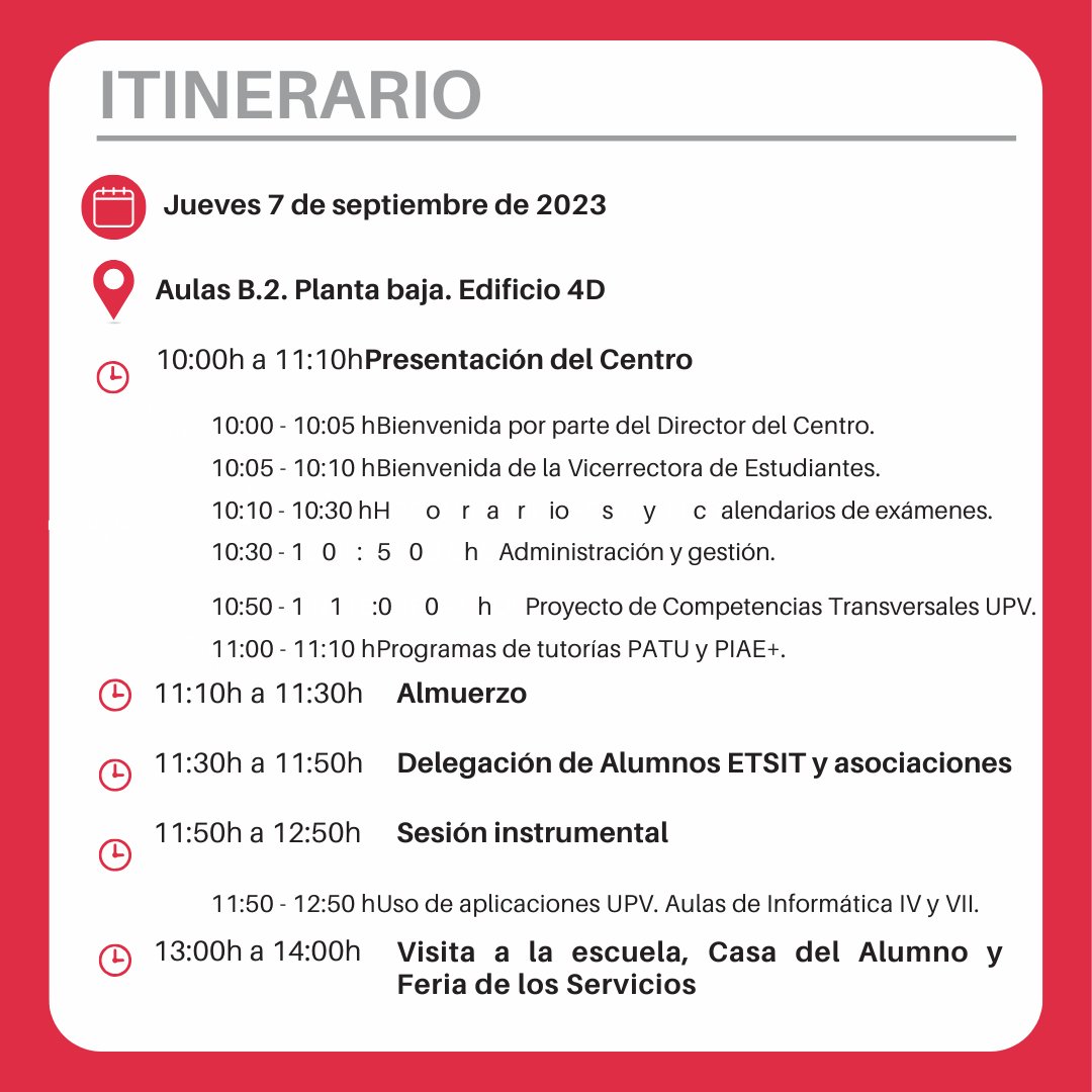 TelecoUPV's tweet photo. 🔴 | JORNADAS DE ACOGIDA #GTDM
➡️Teleco, junto al piae+ organizan las #JJAA para alumnado de nuevo ingreso
Jueves, 7 SEP
⏰10:00–11:10 Aula B2. Edificio 4D
⏰11:50h–12:50 Aulas Informáticas IV y VII
⏰13:00–14:00 Feria de Servicios. Casa Alumno
Nos vemos😃
https://t.co/pRqnplDYvR https://t.co/SJe0ct7nTB