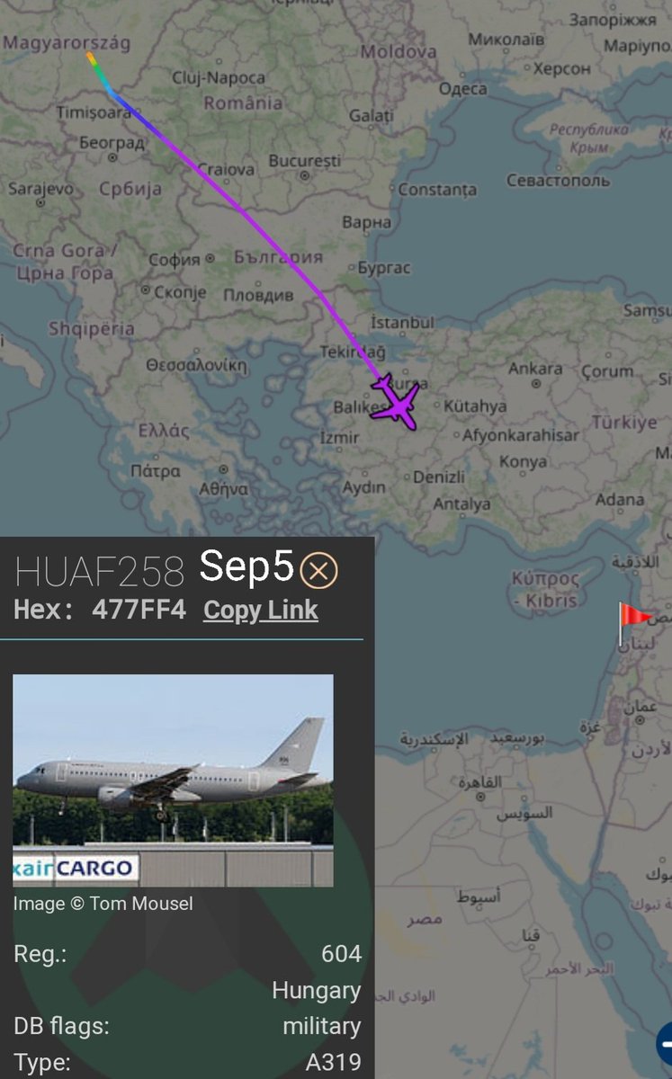 LebanonJets's tweet photo. Military: Hungarian Air Force A319 #HUAF258 #604 hex #477FF4 is coming into #Beirut from #Kecskemet & headed back after a short turnaround https://t.co/PYsZbEYXAP