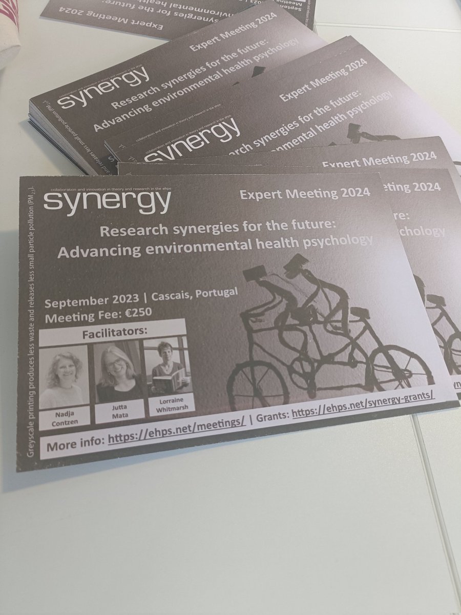 Next year's Synergy Expert Meeting will focus on advancing environmental health psychology and will take place in beautiful Cascais, Portual. 

Grab a flyer from the registration desk #ehps2023 - printed greyscale to reduce environmental impact 💚 #ehps2024