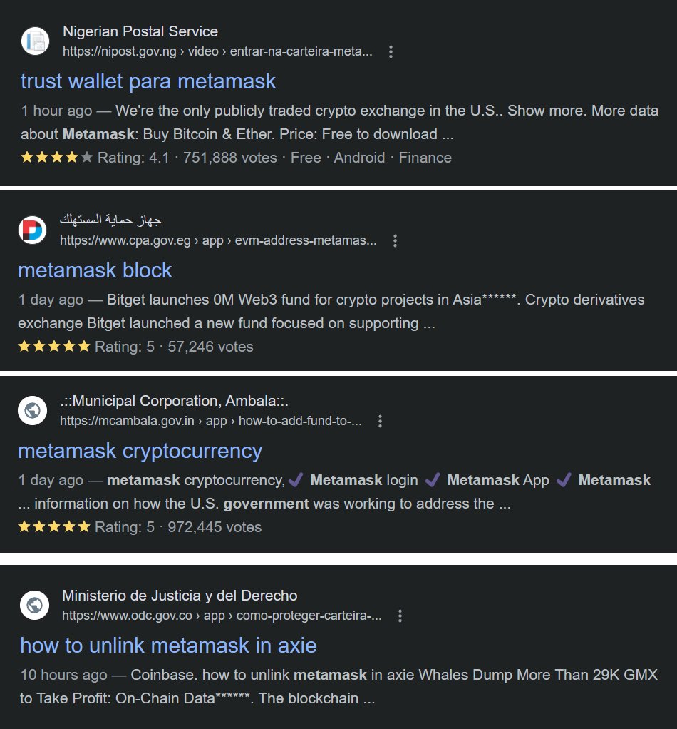 CBClubOfficial's tweet photo. 🚨 ALERT: Government websites from India, Nigeria, Egypt, Colombia, Brazil, Vietnam, and more hacked for crypto scams! 
Here's a detailed 🧵🧵
  #CryptoScams #MetaMaskHack https://t.co/mnaCafNpa0