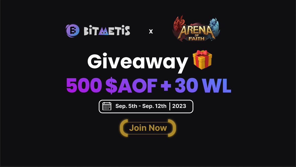 <a href="/moba_aof/">Arena of Faith</a>  x  <a href="/BitMetis/">KlapAI (Formerly BitMetis)</a> #giveaway🎁
🏆 30 lucky winners will get AOF Pioneer Avatar #whitelist
🔔Finish easy tasks to join the raffle!

📚Detailed NFT Information👇
medium.com/@moba_aof/intr…
🚪Portal to join the #bounty 👇
bitmetis.io/bounty-detail/…