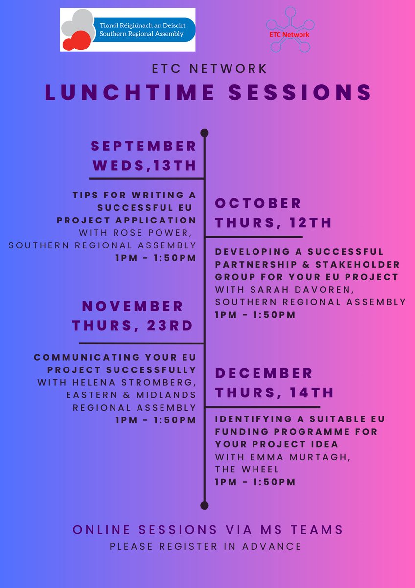 SouthernAssembl's tweet photo. 📢 Interested or involved in EU projects? 🇪🇺

👇 Register below for our ETC Network lunchtime sessions starting this month. 

Sept session https://t.co/nrUsnWPYUS 
Oct session https://t.co/GgNUUYBxbq
Nov session https://t.co/Nk8cHTAqcV
Dec session https://t.co/ZSLZpJrtfo https://t.co/SMruGTg8H4