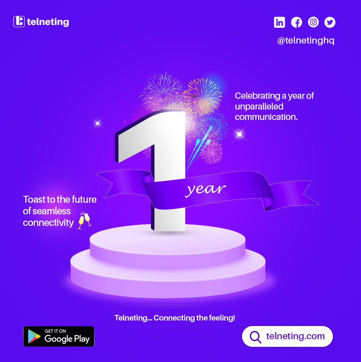 Telneting at one! 

Celebrating a year of unparalleled communication excellence. 

Here's to the future of seamless connectivity and endless possibilities! 

Telneting... Connecting the feeling! 

. 
. 
. 

#TelnetingAnniversary #OneYearStrong #SeamlessConnectivity #anniversary