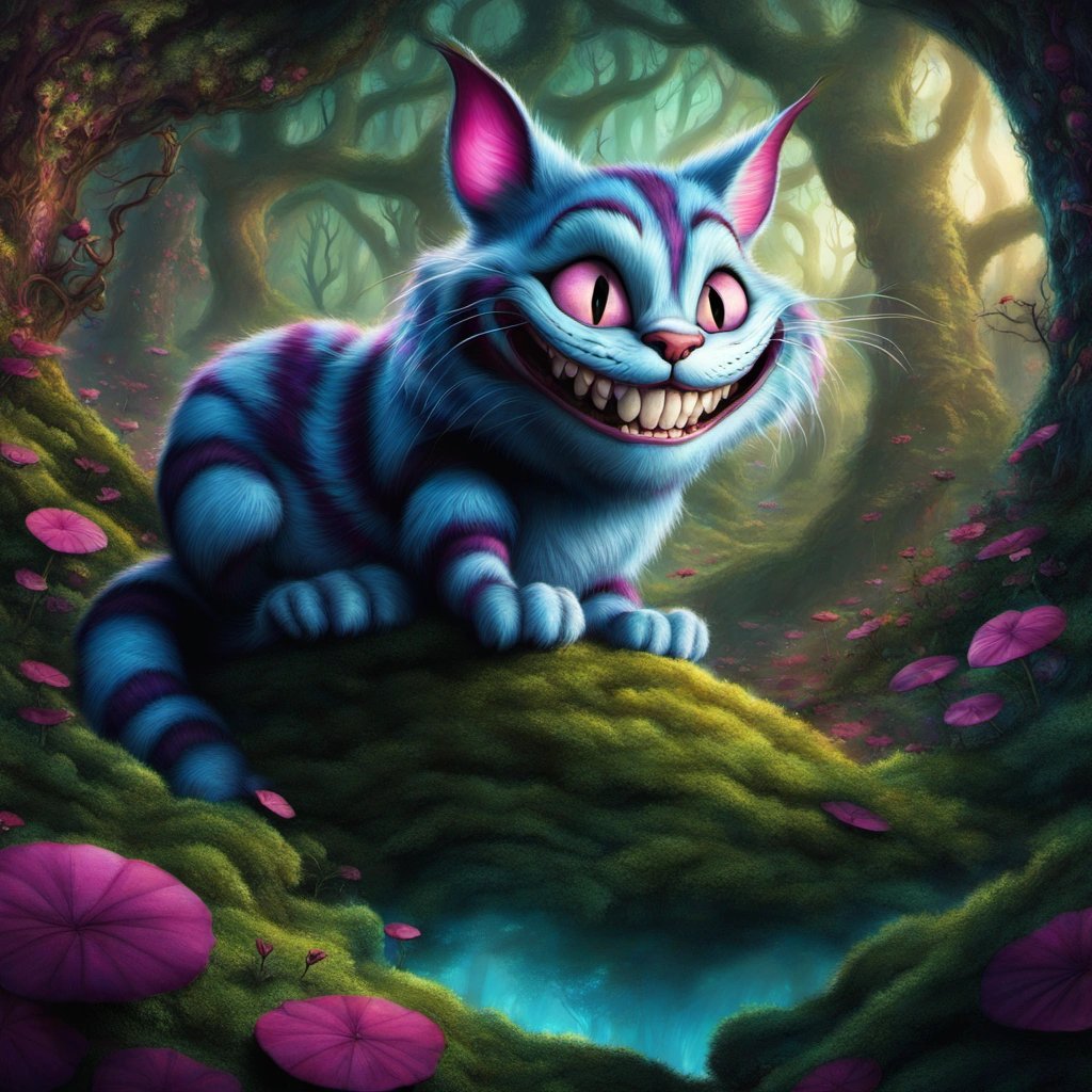 kittygirl182's tweet photo. “We’re all mad here. I’m mad. You’re mad.” – Cheshire Cat #AIArtworks #aigeneratedart #AIcommunity #cats #famouscat #aliceinwonderland #cheshirecat #SDXL #books https://t.co/2XnLReM5z0
