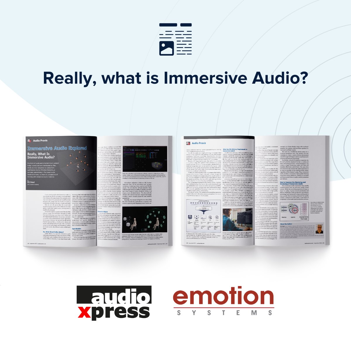 EmotionSystems's tweet image. “#Immersiveaudio offers an opportunity to dramatically increase the emotional response to enjoying entertainment.” @audioXP_editor invited #EmotionSystems&apos; MC Patel to discuss the evolution of #audiotechnology: bit.ly/45ylE3D #BenchmarkInAudioProcessing #IBC2023