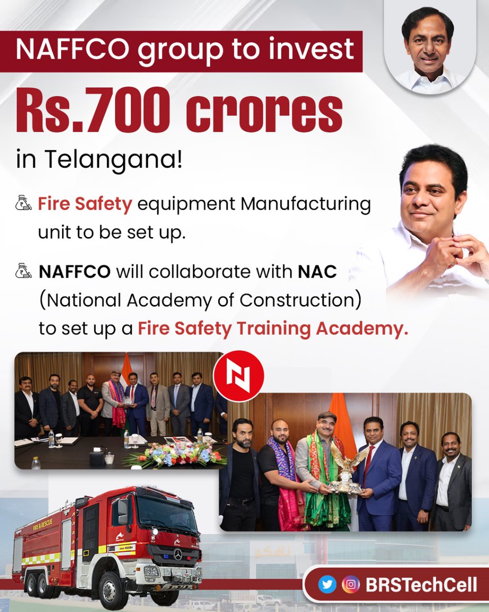 Fire Safety Equipment will now be manufactured in Telangana.

Leading Fire Safety Equipment Manufacturer NAFFCO to invest Rs.700 crores to set up a Fire Safety Equipment Manufacturing Unit in Telangana.

#Telangana #InvestinTelangana
