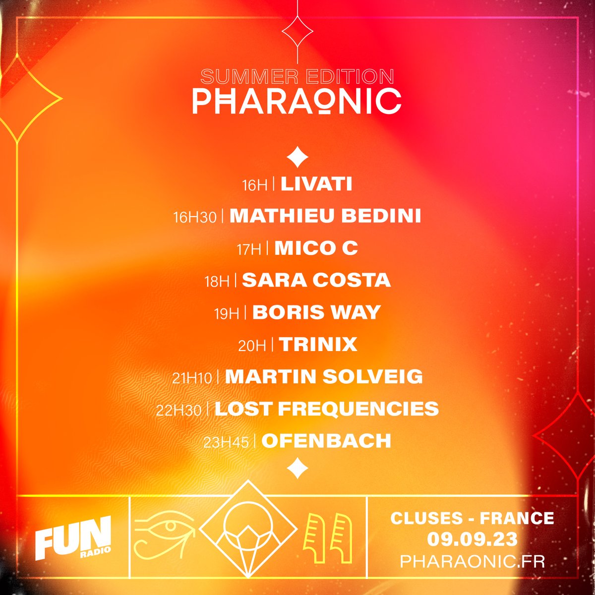 Pharaonic_fest's tweet photo. [J-4] TIMETABLE : Vous l’attendiez avec impatience, le voici ! Ca va être le feu ! 🔥🔥🔥
#pharaonic #summer #festival #festivalelectro #edm #cluses #hautesavoie #lostfrequencies #martinsolveig #ofenbach #trinix #borisway #saracosta #micoc #djdeal #mathieubedini #livati https://t.co/nMZ6u3bDI4