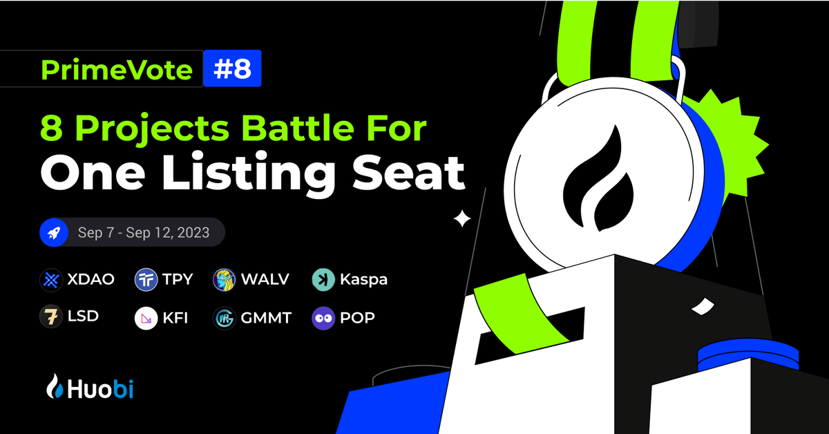 #Huobi PrimeVote #8 Recap:

8 Projects Shortlisted!
Fight for 1 seat to list on Huobi

XDAO <a href="/xdaoapp/">XDAO</a>
LSD <a href="/L7_DEX/">L7 DEX</a> 
TPY <a href="/Thrupennydefi/">Thrupenny Protocol</a>
KFI <a href="/klever_io/">Klever Wallet</a>
WALV <a href="/AlveyChain/">Alvey</a>
GMMT <a href="/GiantMammoth/">Giant Mammoth</a>
Kaspa <a href="/KaspaCurrency/">Kaspa</a>
POP <a href="/popapp_official/">Pop Social</a>

Starts Sept 7th!  

Details:shorturl.at/luzMW