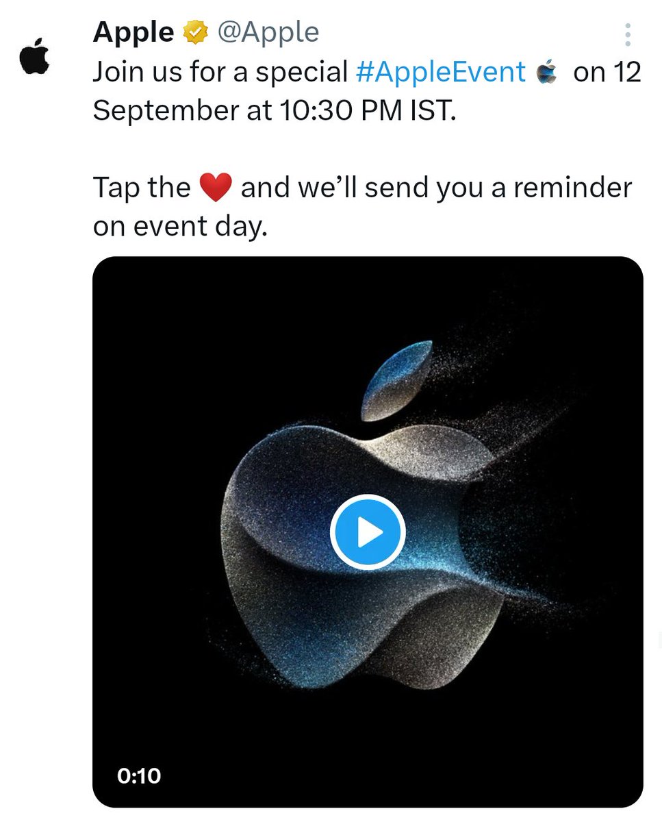 Techinfoeditor's tweet photo. Apple will send a reminder to you for #AppleEvent , scheduled for 12th September 2023.
Just Tap the ❤️ tab on Apple's Tweet and Apple will send you an immediate confirmation for acknowledgement and will also send a reminder on event day.
#Apple #EVENT #remimder #news #BeyDay #CWC23 #Musk #Gala