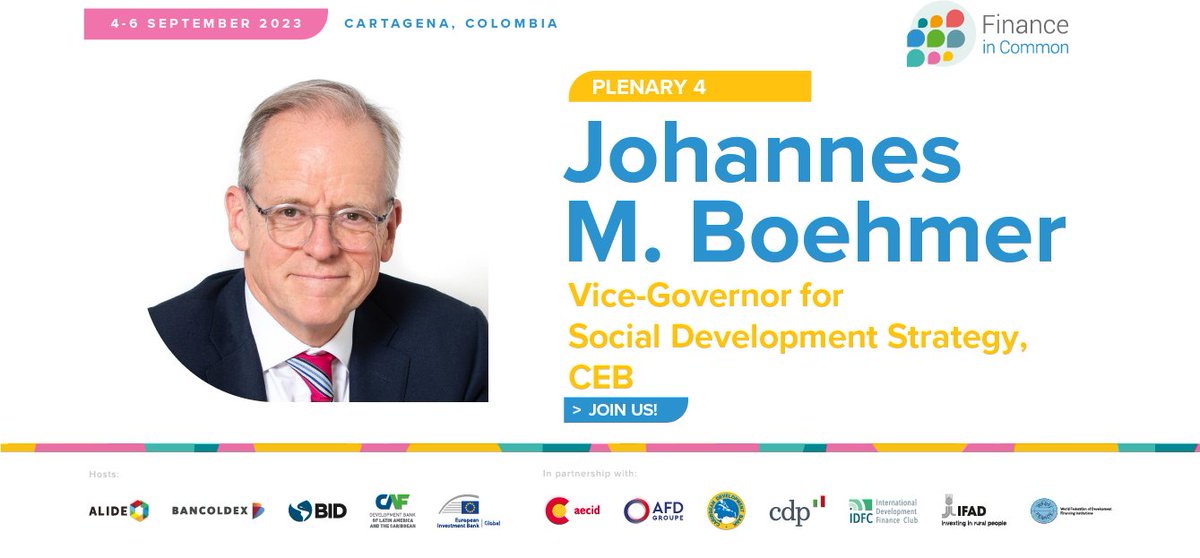 COEbanknews's tweet photo. 💬Today Vice-Governor Boehmer will take part in #FinanceinCommon2023 plenary on aligning public and private financing with #SDGs.  

⏰14:00 Cartagena / 21:00 Paris 
📷Register to watch➡️ https://t.co/NEpEi7p3la

#GlobalGoals #PDBs https://t.co/aZaVJdT7rb