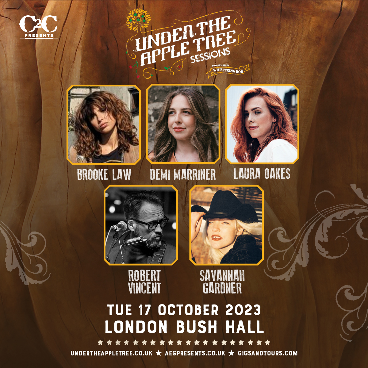 Under The Apple Tree Sessions with @BR00KELAW, @dmarrinermusic, Laura Oakes, @RobVincentMusic & @savgardnermusic at London's @Bushhallmusic on Tues 17th Oct 🙌 Tickets on sale now via aegp.uk/UTAT23