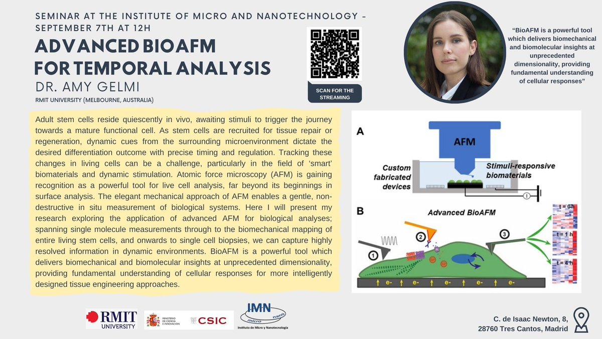 Instituto de Micro y Nanotecnología (IMN-CNM,CSIC) (@imncsic) on Twitter photo ⚠️Seminar at <a href="/ImnCsic/">Instituto de Micro y Nanotecnología (IMN-CNM,CSIC)</a> - September 7th at 12:00h
➡️“Advanced BioAFM for Temporal Analysis” by <a href="/DrTinyTaps/">Amy Gelmi</a> of the <a href="/RMIT/">RMIT University</a> (Melbourne, Australia)
📌Isaac Newton, 8, 28760 - Tres Cantos (Madrid)
🌐Streaming available - scan QR
ℹ️ Check all information bit.ly/44EUFlS ⚠️Seminar at <a href="/ImnCsic/">Instituto de Micro y Nanotecnología (IMN-CNM,CSIC)</a> - September 7th at 12:00h
➡️“Advanced BioAFM for Temporal Analysis” by <a href="/DrTinyTaps/">Amy Gelmi</a> of the <a href="/RMIT/">RMIT University</a> (Melbourne, Australia)
📌Isaac Newton, 8, 28760 - Tres Cantos (Madrid)
🌐Streaming available - scan QR
ℹ️ Check all information bit.ly/44EUFlS