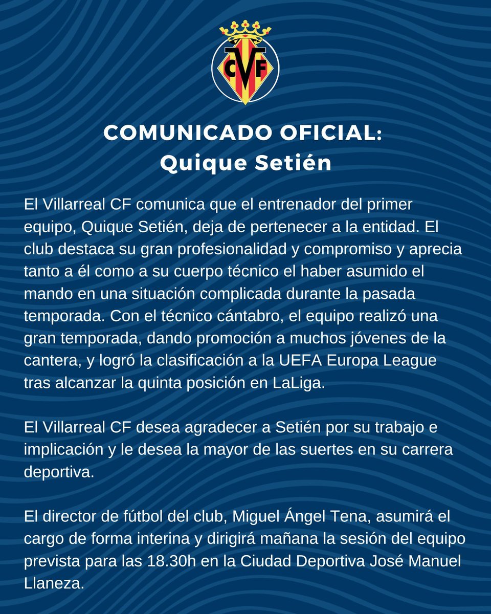 elchiringuitotv's tweet photo. 🚨🟡 OFICIAL | El VILLARREAL DESTITUYE a SETIÉN.

👉 Miguel Ángel Tena, director de fútbol, asumirá el cargo de entrenador de forma interina. https://t.co/B4KVFdRZlR