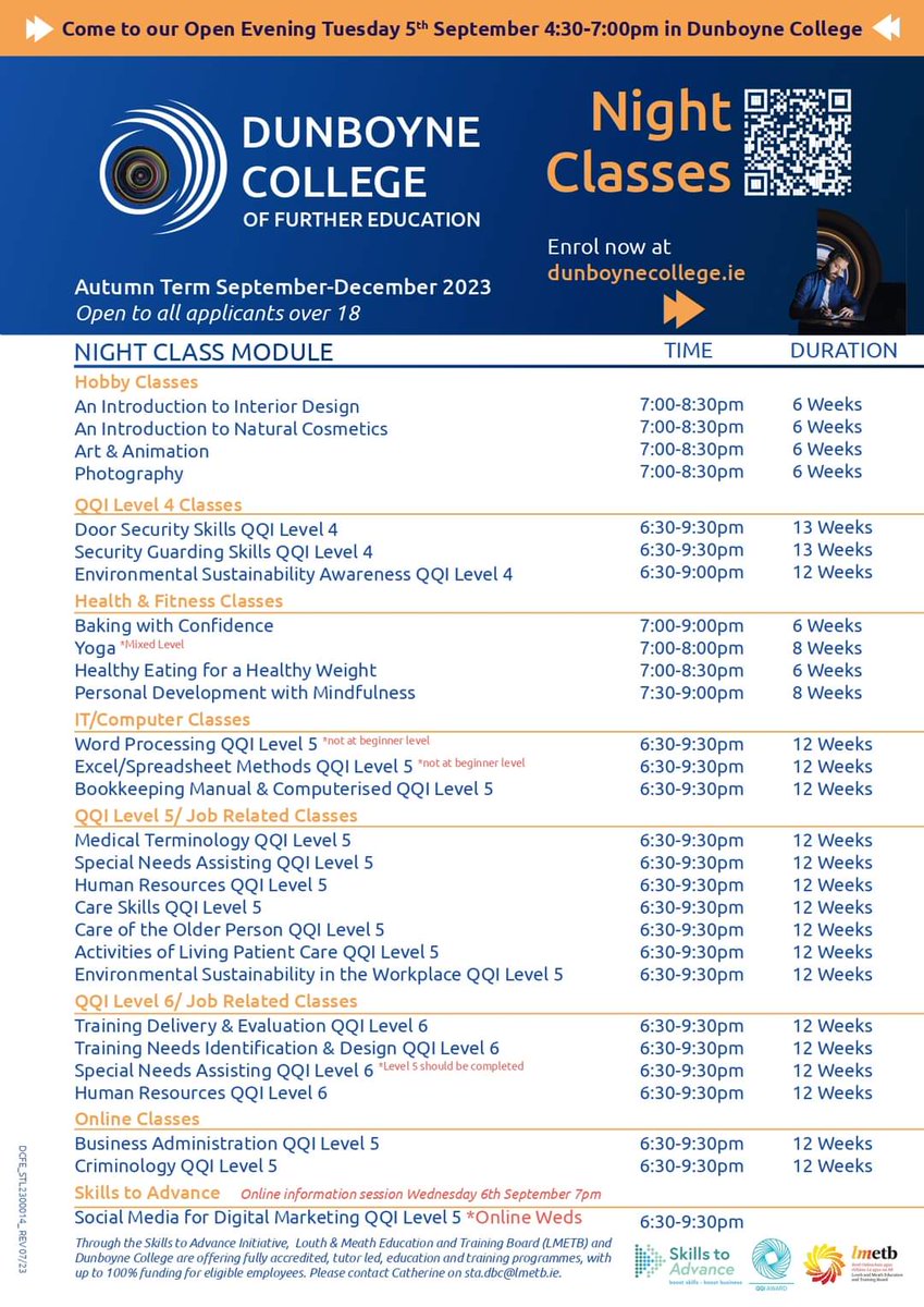 DunboyneCollege's tweet photo. 📌Don't forget, there is an open night taking place for night classes later today. 
📌Take a look at some of our night class options here &amp; drop in from 4-8pm.
📌There will be staff on hand to answer any questions you might have.

#BeginHereGoAnywhere #ThisIsFET https://t.co/ir8JswMcTw
