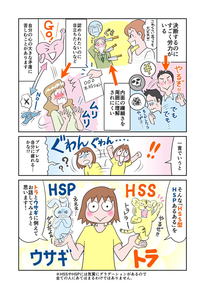 HSS型HSP「ともかく明るいHSP」序章&1話目  傷つきやすく内省も多いのに、なぜかそうは見られない、見た目は明るいHSS(刺激追求型)HSP。 そんな「ともかく明るい(?)HSP」さんのあるある漫画です!(これから30日くらい続く予定)