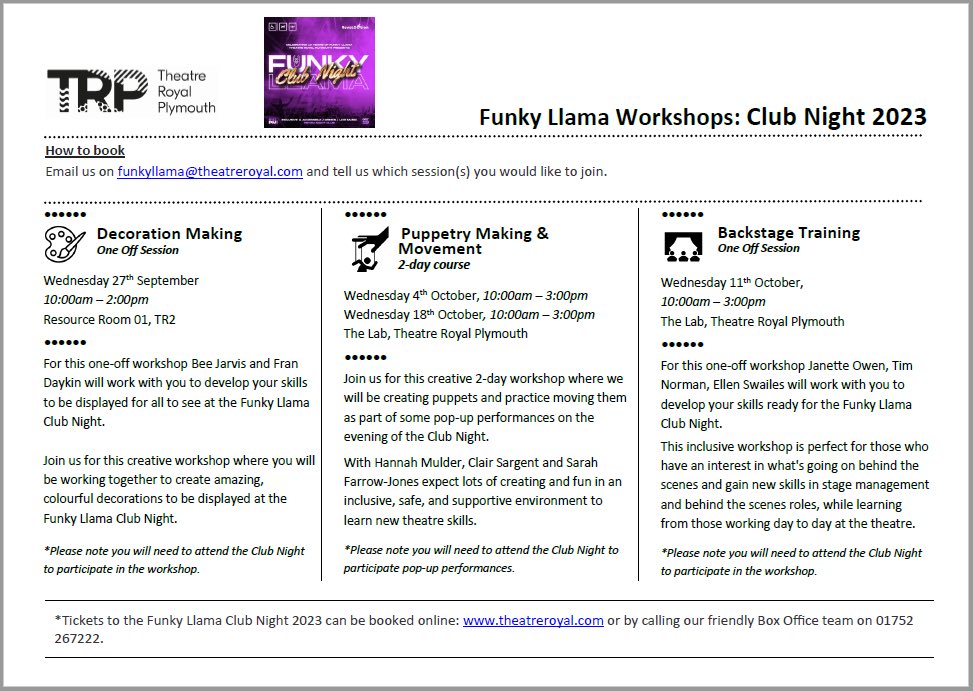 Attention🚨🦙 Do you want to be a part of the Funky Llama Club Night?

See our brilliant workshops 👇🏼 
 
To sign up email funkyllama@theatreroyal.com and specify which workshop(s) you’d like to participate in, along with any access requirements.🥳

Spaces are limited, be quick!💥