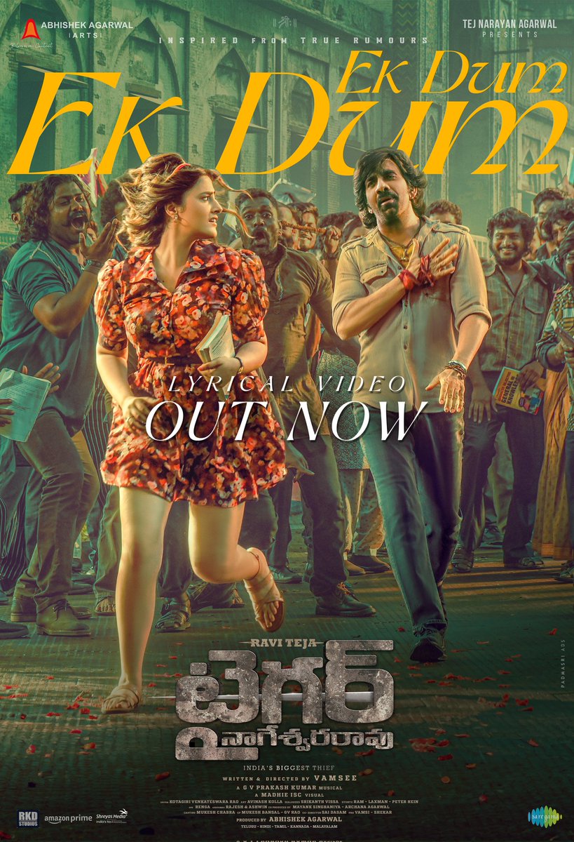 AAArtsOfficial's tweet photo. The PEPPIEST SONG OF THE YEAR is here for you to show your moves🕺💃🏻

#TigerNageswaraRao First Single #EkDumEkDum out now ❤️‍🔥
- https://t.co/I0brfzV1fa

A @gvprakash musical 🎶

Telugu
🎤 @anuragkulkarni_
✍️ @bhaskarabhatla 

Hindi
🎤 @shahidmaliya
✍️ @PrashantIngole1 

Tamil
🎤 #AjayKrishna
✍️ @Arunrajakamaraj

Kannada 
🎤 @theasrsings
✍️ #SantoshVishwaratna

Malayalam
🎤 @santoshariharan
✍️ #DeepakRam

@RaviTeja_offl @DirVamsee @AbhishekOfficl @AnupamPKher #RenuDesai @MayankOfficl @ArchanaOfficl @NupurSanon @gaya3bh @madhie1 @artkolla @saregamasouth