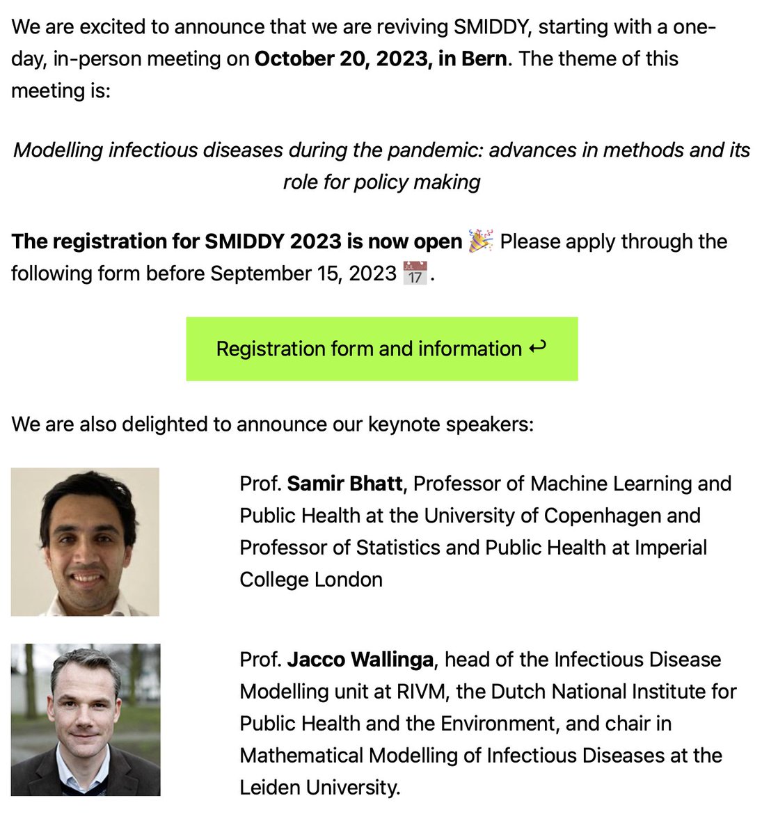 🚨 Only 10 days are left to register for SMIDDY 2023 🚨
Register now at smiddy.ch for a talk, a poster, or simply to discuss with your local infectious disease modeling community. We welcome everyone!

If you have any question, do not hesitate to contact us 😊