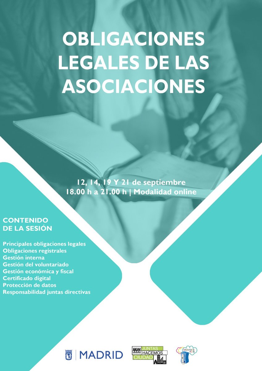 FRAVM's tweet photo. ¿Estás en alguna de nuestras #asociaciones federadas? ¡No te pierdas este curso para conocer las #ObligacionesLegales de las asociaciones!

Apunta las fechas👇
🗓️12, 14, 19 y 21 de septiembre 
🕕18h-21h 
💻Online

Para más información, ¡contáctanos! 
👉https://t.co/Sbaf2roF5p https://t.co/pthbFOrMQd