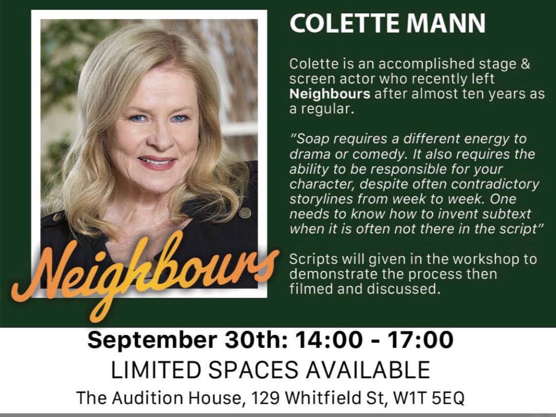 Ok folks here we go again! Yesterday was a bit bumpy but this is a workshop for actors- email; info@theauditionhouse.co.uk to register. Limited spaces . #neighbours #pcbh #workshopnotameetandgreet