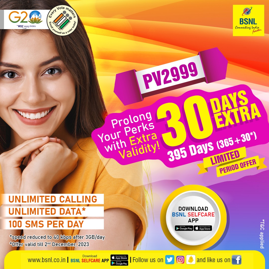BSNLCorporate's tweet photo. Prolong your perks with extended validity! 
#Recharge with #BSNL #PV2999 and get 30 more days of perks. 

#Hurry!!  it is a limited-period offer.
#G20India https://t.co/EddhemyKW8