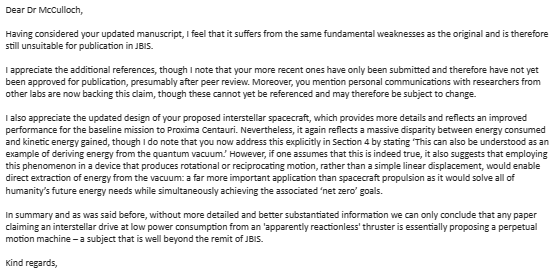 memcculloch's tweet photo. The reply from #JBIS to our interstellar paper. They worry about perpetual motion, but I did try to explain in the paper that energy comes from the deletion of information. I post here to show the struggle involved in persuading others, which is valuable but frustrating: https://t.co/pgb1cBwZxB