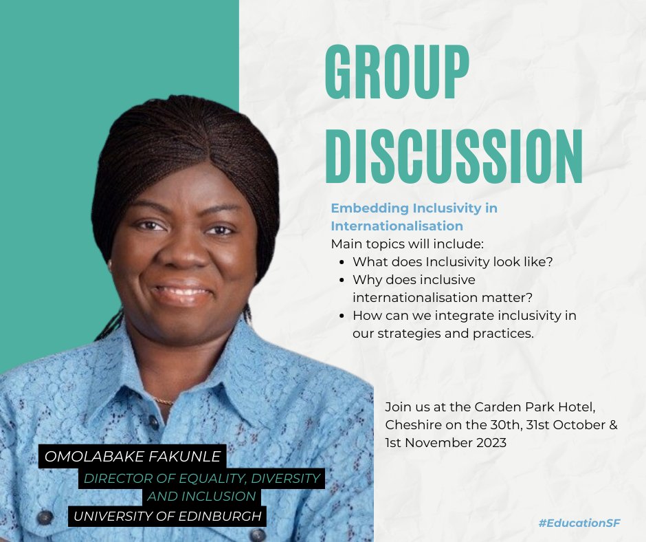 EduStratForum's tweet photo. Omolabake Fakunle, Director of Equality, Diversity and Inclusion for The University of Edinburgh will be leading a group discussion on embedding inclusivity in internationalisation, discussing the disconnect between internationalisation and inclusivity in relation to EDI. https://t.co/3vJBpq6CR1