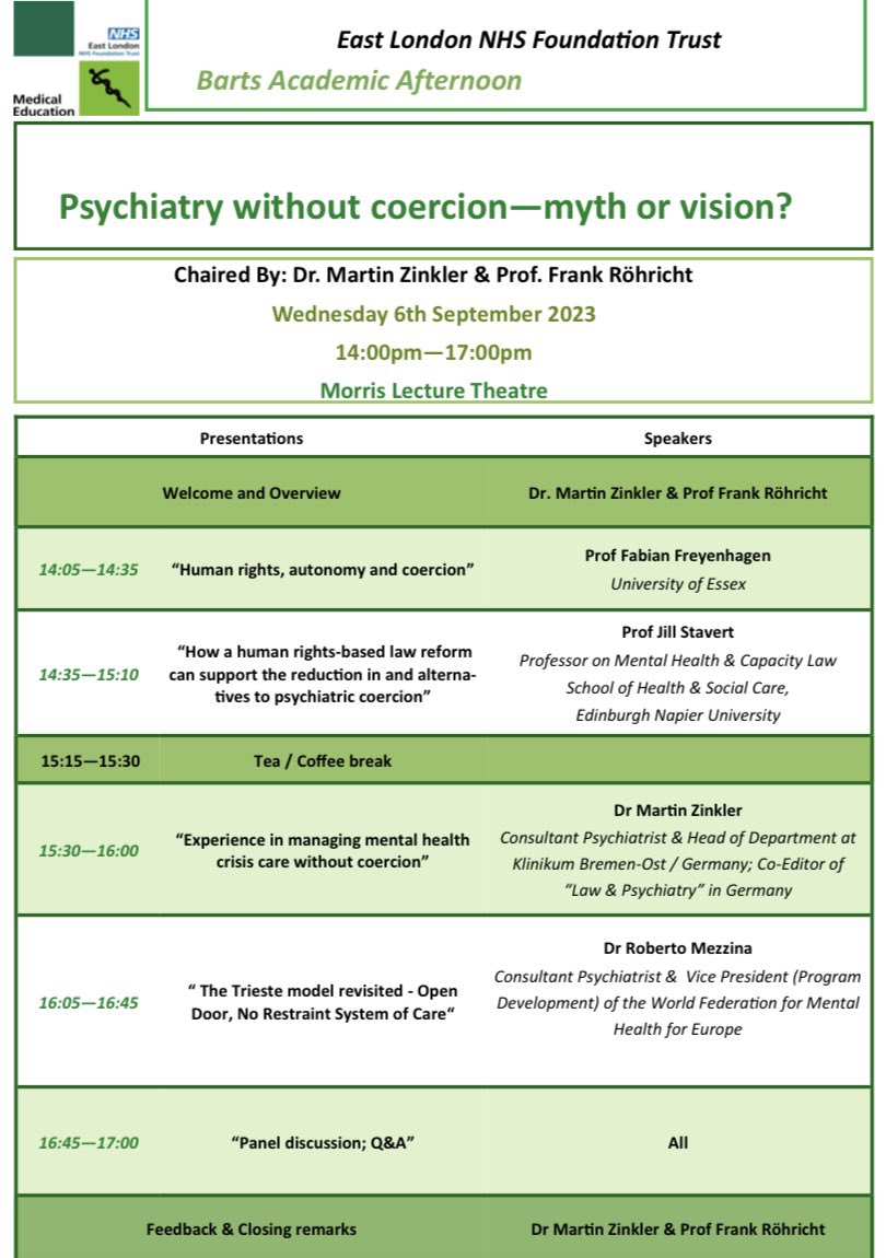 We cordially invite you to join us in @NHS_ELFT’s monthly Bart’s Academic Afternoon event with the theme 'Psychiatry without Coercion – Myth or Vision,' also highlighting the work done by the WFMH on Human Rights. Link: elft-nhs-uk.zoom.us/s/99781388959?… Passcode: 43JP