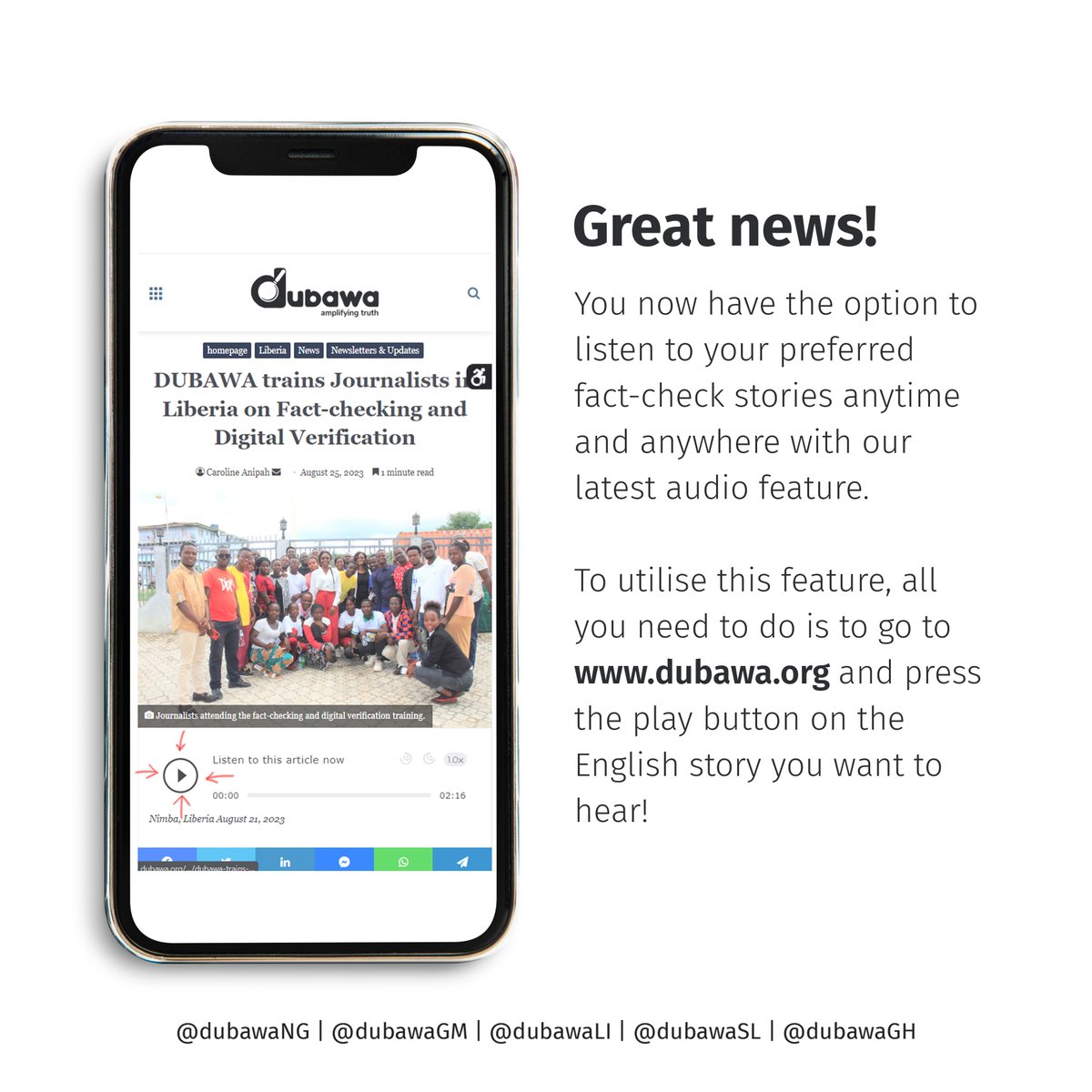 We are excited to announce a new audio feature on our website. With this, you can now listen to your favourite articles. Visit dubawa.org and click the play button on any of our English articles. #DubawaChecks