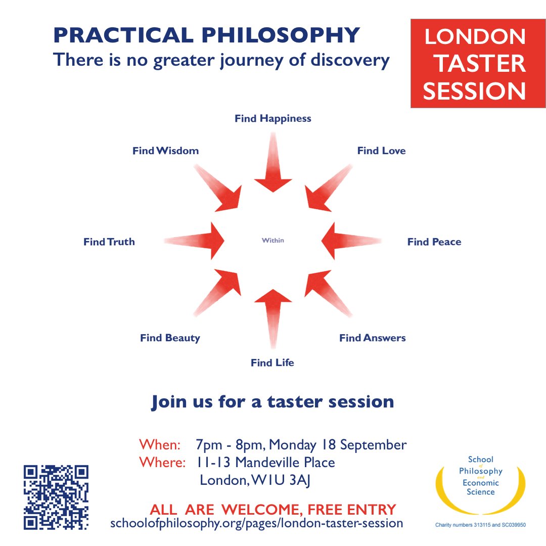 schoolofphilUK's tweet image. Practical Philosophy for Everyday Life, free taster session in London, check it out before you enrol. No booking is required, just turn up at 7pm on Monday 18 September. #philosophycourse #londoncourse #tastersession