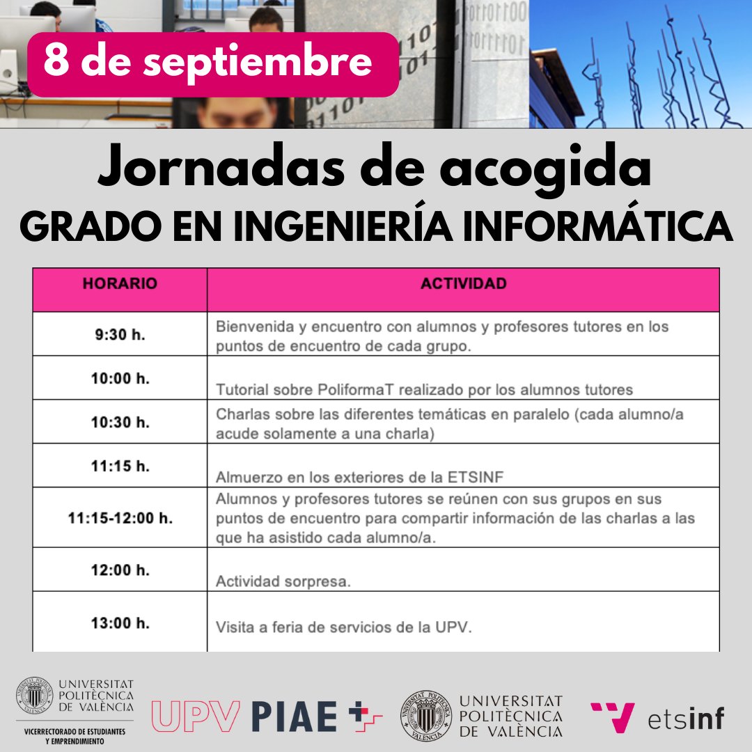 etsinfupv's tweet photo. El viernes 8️⃣ de septiembre, @etsinfupv y PIAE organizan las #JJAA para alumnado de nuevo ingreso matriculado en el GIINF
📍Debéis acudir al edificio 1G y dirigiros al punto de encuentro que corresponde a vuestro grupo de tutorización
⏰9:30h
Nos vemos 🤩
https://t.co/fR6bPrHmX2 https://t.co/igfHsnwE59