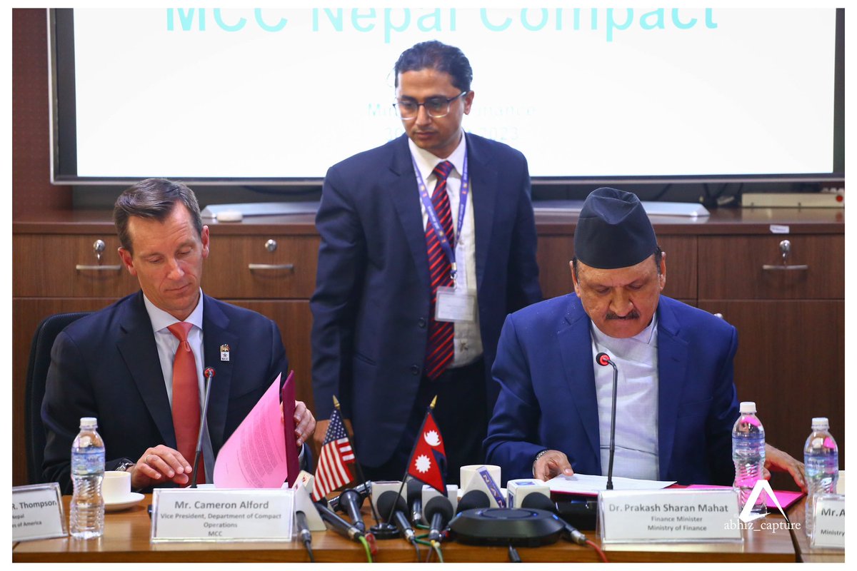 Nepal: MCC Nepal Compact into Implementation

On August30, 2023 in Kathmandu, Nepal. Vice President of the US Millennium Challenge Corporation Compact Operations Department, 'Cameron Alford' (left), and Nepal’s Finance Minister, 'Dr. Prakash Sharan Mahat (right), review
