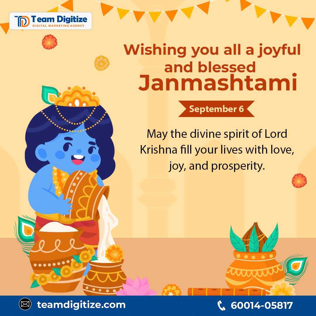 TDigitize's tweet image. May the enchanting spirit of Janmashtami bring you endless love, joy, and blessings. Wishing you a beautiful celebration filled with the divine essence of Lord Krishna. Happy Janmashtami!
#teamdigitize #JanmashtamiBlessings #Janmashtami #KrishnaJanmashtami #LordKrishna